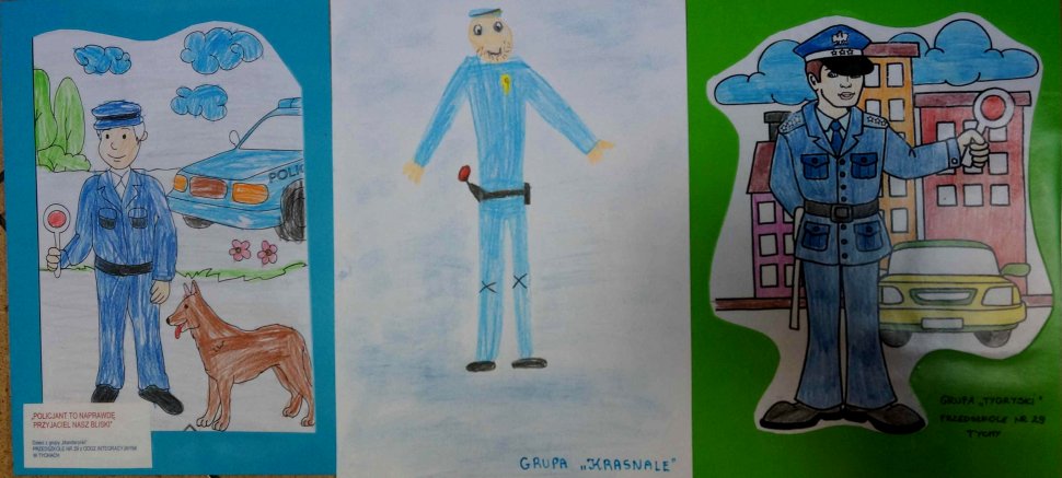 Na zdjęciu trzy rysunki policjantów, które przygotowały przedszkolaki. 