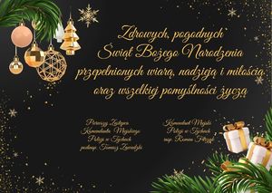 Na grafice kartka świąteczna z życzeniami Komendantów Komendy Miejskiej Policji w Tychach